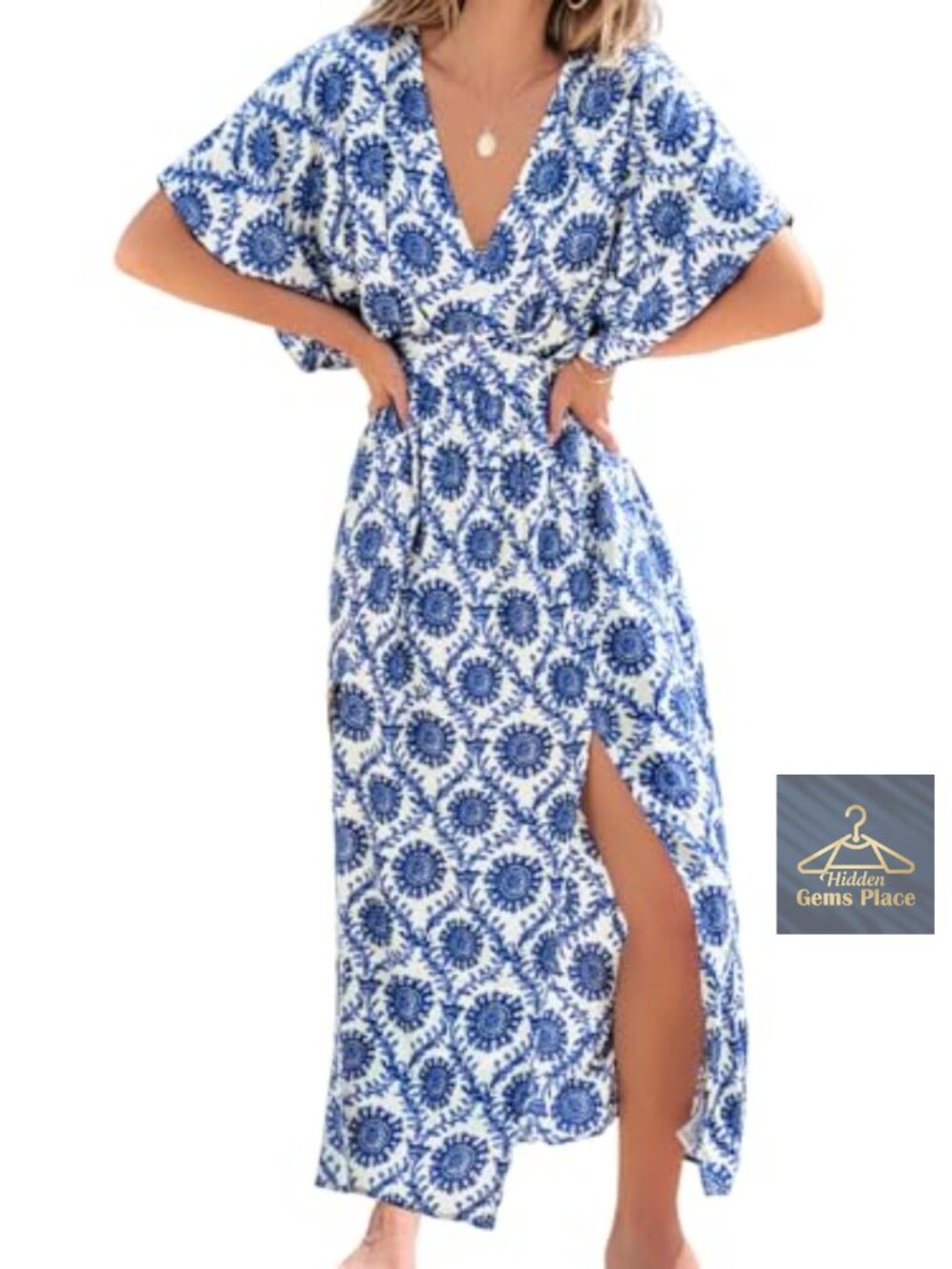 Boho Paisley Floral Deep V Neck Short Sleeve Maxi Dress 100% Rayon